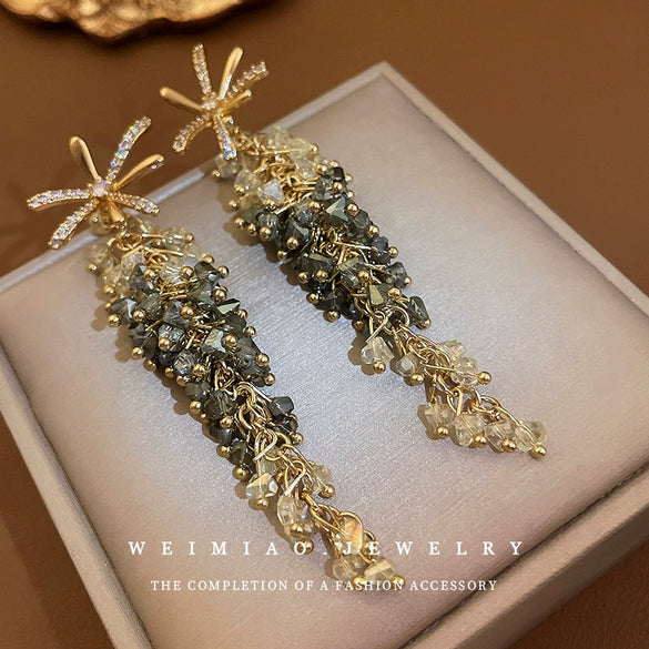 Silver Needle Zircon Flower Crystal Long Tassel Women's Earrings