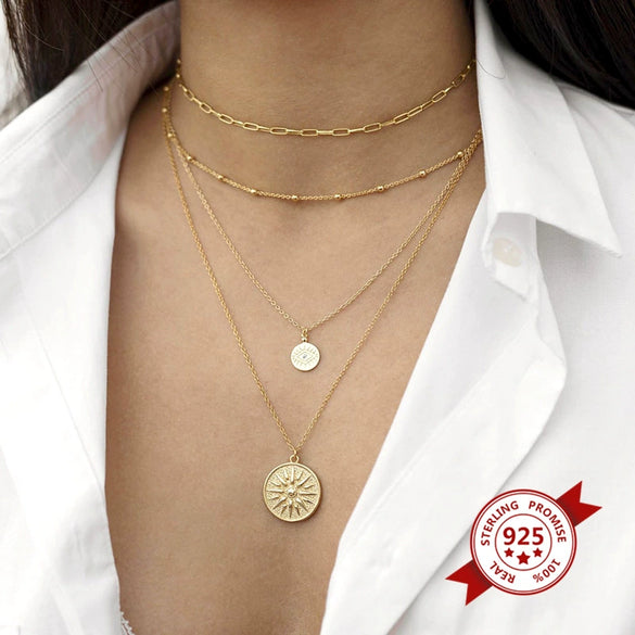 925 Silver O Chain Necklace For Women With Copper Baroque Sun Relief Round Geometric Pendant Electroplated Fashion Jewelry