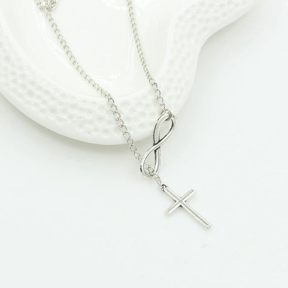Silver Plated Alloy Jewelry Girls Sweater Chain Necklace With Geometric Cross Design And Electroplating Treatment