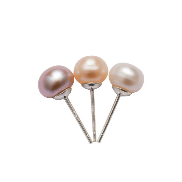 Silver Plated Freshwater Pearl Stud Earrings With Mini Shell Beads Natural Style