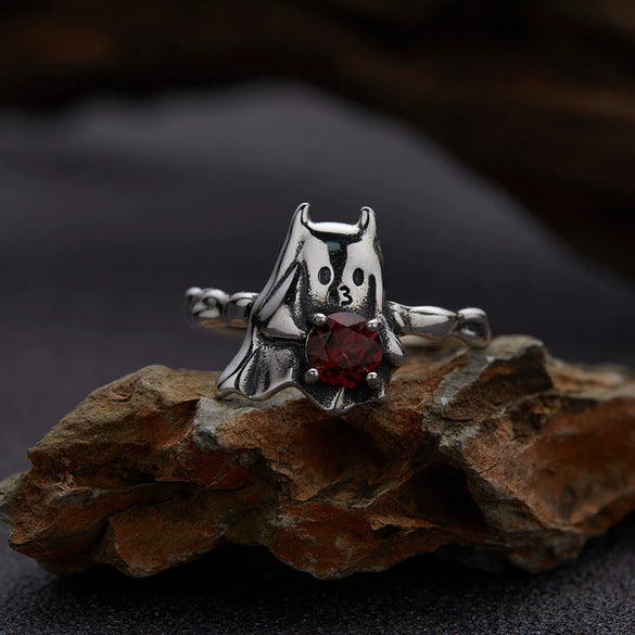 Silver Ring With Natural Blue Crystal Malachite Red Corundum And Lucky Cat Eye Color In Cartoon Zodiac Style
