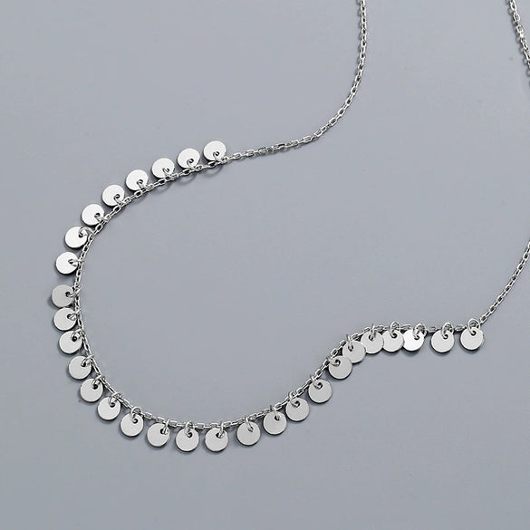 925 Silver Round Tassel Necklace For Women Simple Elegant Geometric Pendant Cross Chain Electroplated Collarbone Jewelry