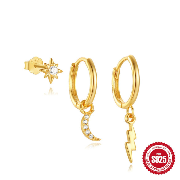 925 Silver Stacking Style Asymmetric Star Moon Lightning Eight Mans Star Pearl Tassel Earrings With Electroplating