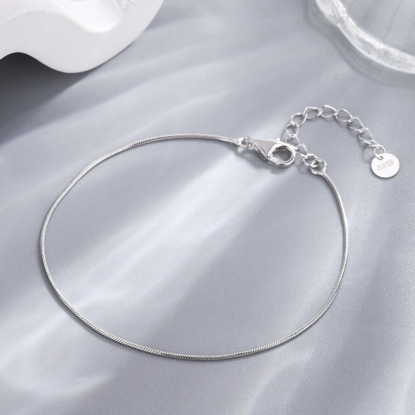 Silver 925 Sterling Simple Round Snake Bone Chain Bracelet With Geometric Pattern Electroplated For Women
