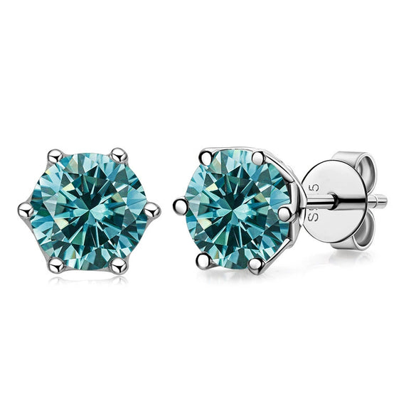 Silver Synthetic Moissanite Round Classic Sixclaw Earrings