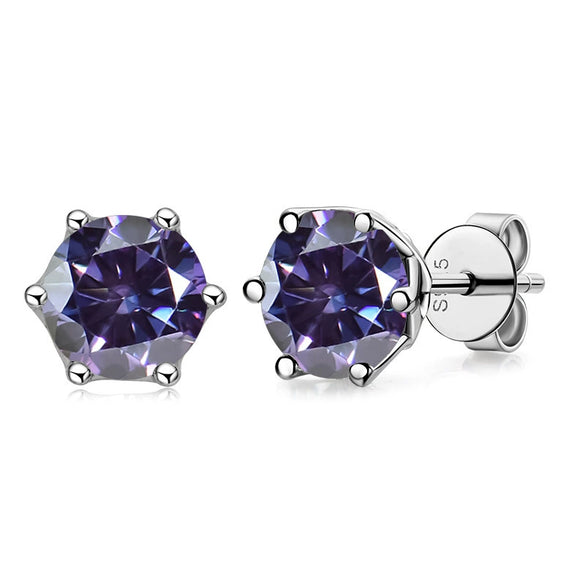 Silver Synthetic Moissanite Round Classic Sixclaw Earrings