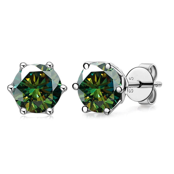 Silver Synthetic Moissanite Round Classic Sixclaw Earrings