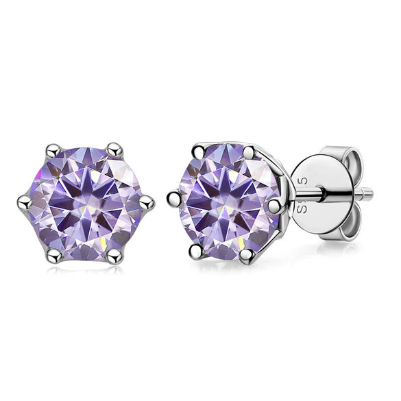 Silver Synthetic Moissanite Round Classic Sixclaw Earrings