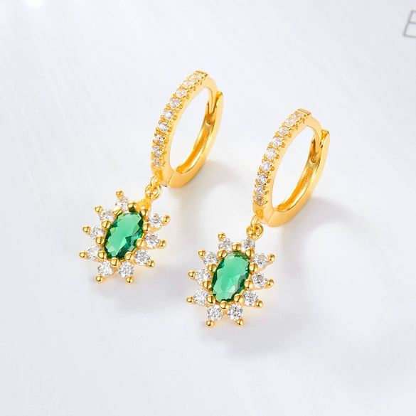 925 Silver Women's French Retro Elegant Earrings With Green Zirconium And Geometric Pattern
