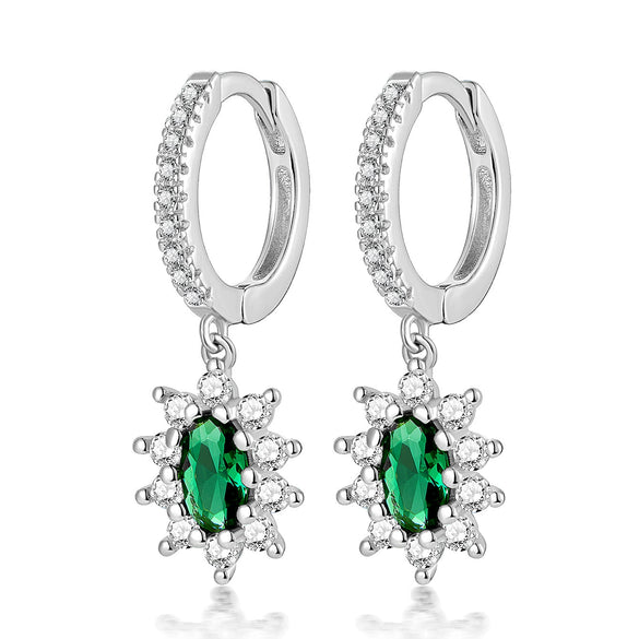 925 Silver Women's French Retro Elegant Earrings With Green Zirconium And Geometric Pattern
