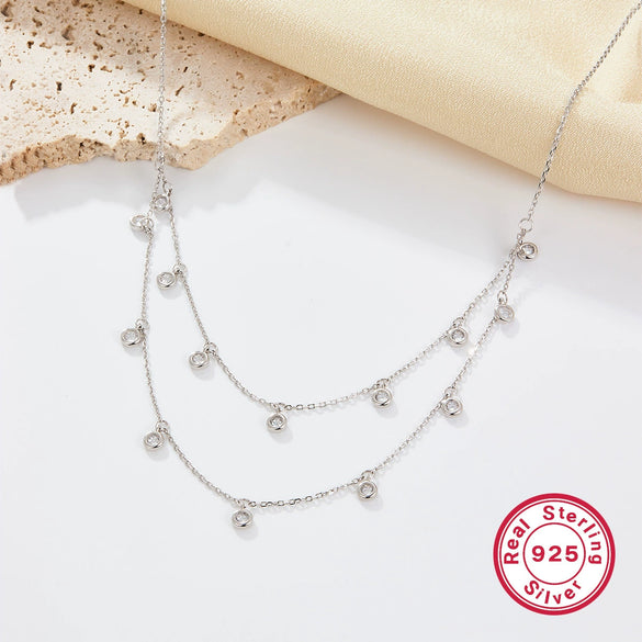 925 Silver Women's Necklace Doublelayer Design Simple Zircon Geometric Electroplated Jewelry