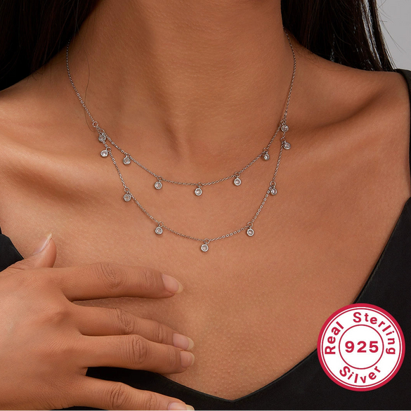 925 Silver Women's Necklace Doublelayer Design Simple Zircon Geometric Electroplated Jewelry