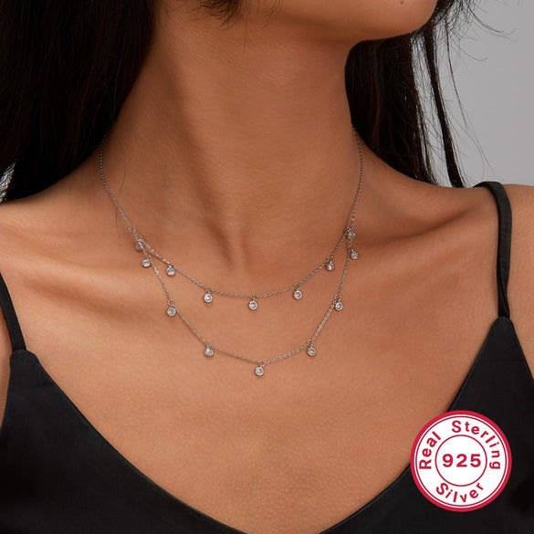 925 Silver Women's Necklace Doublelayer Design Simple Zircon Geometric Electroplated Jewelry