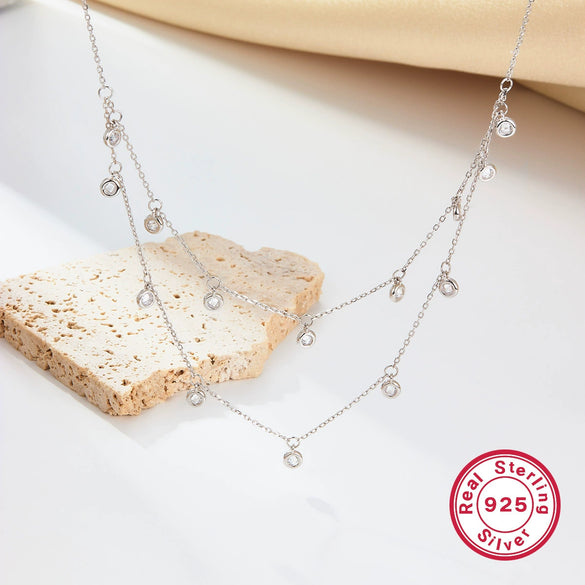 925 Silver Women's Necklace Doublelayer Design Simple Zircon Geometric Electroplated Jewelry