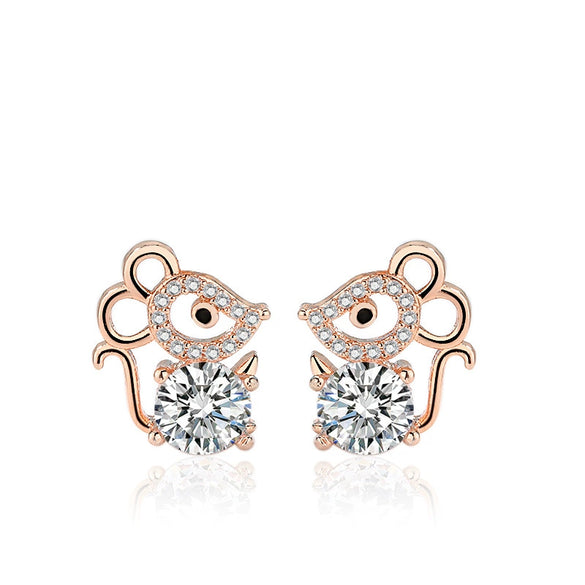 925 Silver Zodiac Mouse Stud Earrings Cute Animal Electroplated Lucky Rat Earrings For Women Simple Design