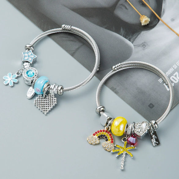 Silvertone Adjustable Alloy Wire Bracelet With Heartshaped Pendant And Diamond Detail Electroplated Simple Unisex Jewelry