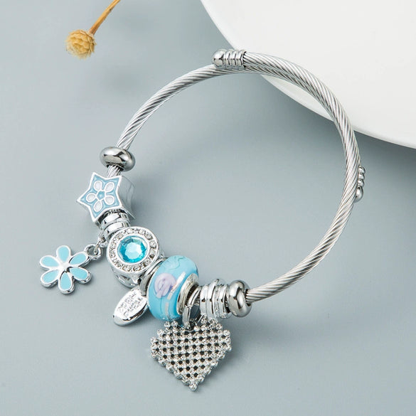 Silvertone Adjustable Alloy Wire Bracelet With Heartshaped Pendant And Diamond Detail Electroplated Simple Unisex Jewelry