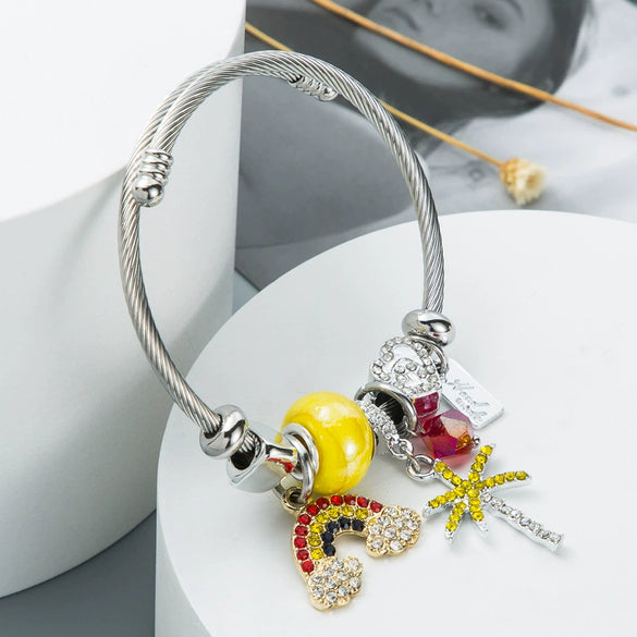 Silvertone Adjustable Alloy Wire Bracelet With Heartshaped Pendant And Diamond Detail Electroplated Simple Unisex Jewelry