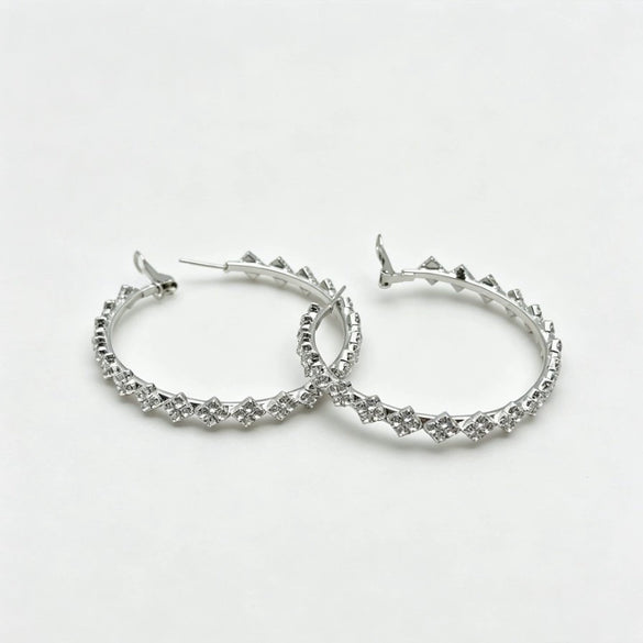 Silvertone Alloy Geometric Hoop Earrings With Diamond Accents And Stainless Steel Posts For Women
