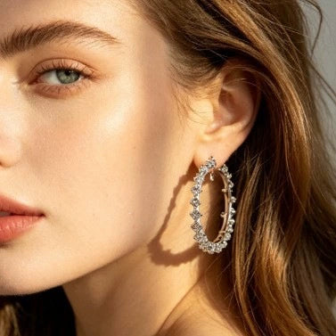 Silvertone Alloy Geometric Hoop Earrings With Diamond Accents And Stainless Steel Posts For Women