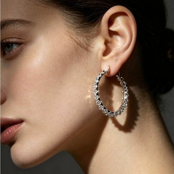 Silvertone Alloy Geometric Hoop Earrings With Diamond Accents And Stainless Steel Posts For Women