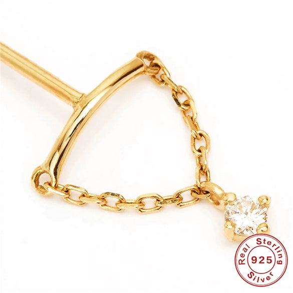 Simple All Match S925 Sterling Silver Geometric Tassel Chain Flat Head Piercing Ear Nail With Inlaid Zircon