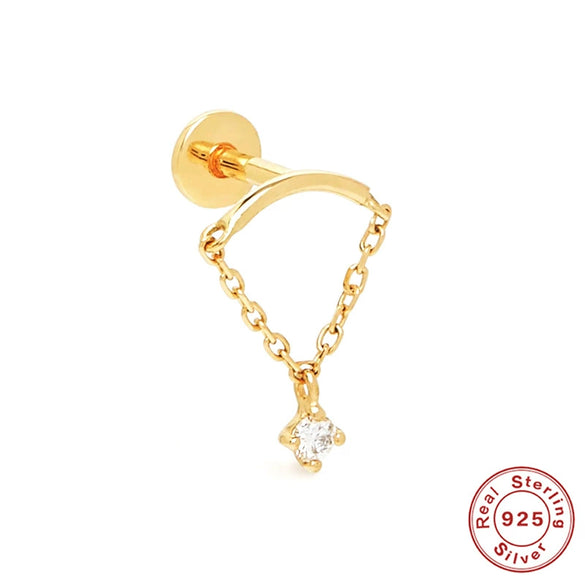 Simple All Match S925 Sterling Silver Geometric Tassel Chain Flat Head Piercing Ear Nail With Inlaid Zircon