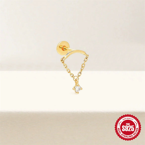 Simple All Match S925 Sterling Silver Geometric Tassel Chain Flat Head Piercing Ear Nail With Inlaid Zircon