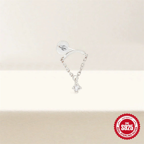 Simple All Match S925 Sterling Silver Geometric Tassel Chain Flat Head Piercing Ear Nail With Inlaid Zircon