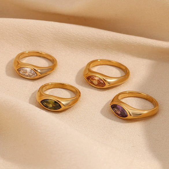 Simple Allmatch Fashion Diamond Jewelry Stainless Steel Plated Golden Horse Eye Zircon Seal Ring For Women With Geometric Design And Electroplating Process