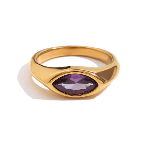 Simple Allmatch Fashion Diamond Jewelry Stainless Steel Plated Golden Horse Eye Zircon Seal Ring For Women With Geometric Design And Electroplating Process