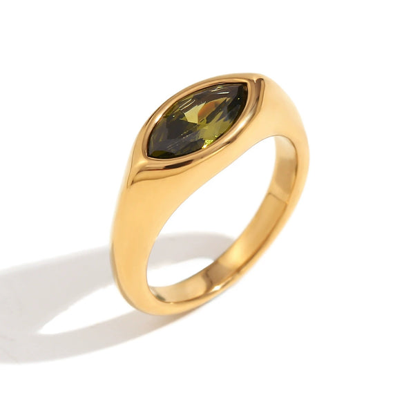 Simple Allmatch Fashion Diamond Jewelry Stainless Steel Plated Golden Horse Eye Zircon Seal Ring For Women With Geometric Design And Electroplating Process