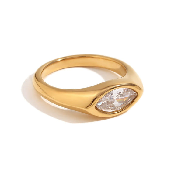 Simple Allmatch Fashion Diamond Jewelry Stainless Steel Plated Golden Horse Eye Zircon Seal Ring For Women With Geometric Design And Electroplating Process