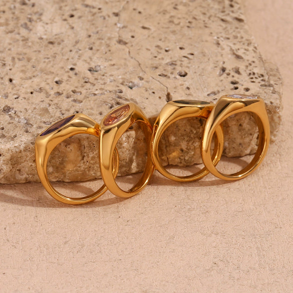 Simple Allmatch Fashion Diamond Jewelry Stainless Steel Plated Golden Horse Eye Zircon Seal Ring For Women With Geometric Design And Electroplating Process