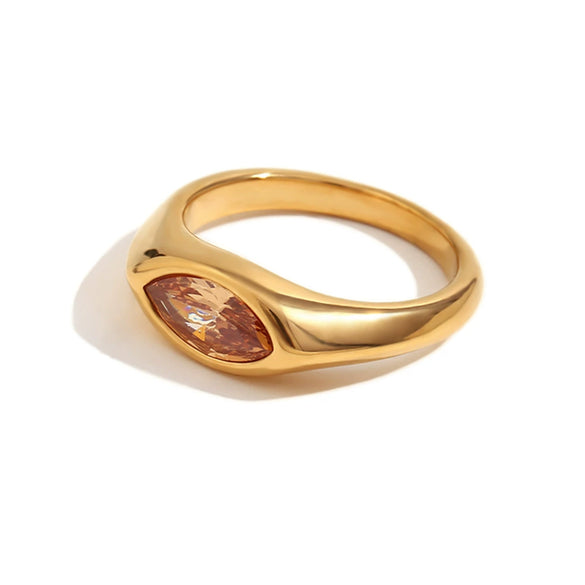 Simple Allmatch Fashion Diamond Jewelry Stainless Steel Plated Golden Horse Eye Zircon Seal Ring For Women With Geometric Design And Electroplating Process