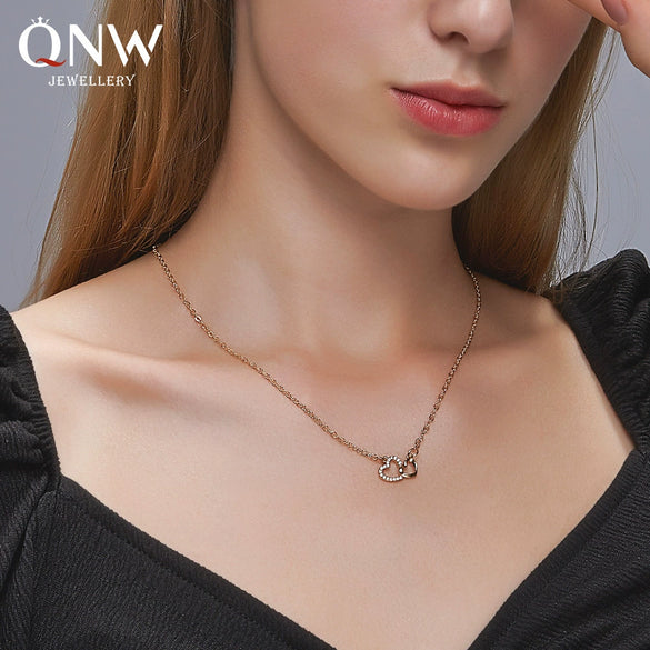 Simple Allmatch Love Necklace With Double Peach Heart Pendant Copper Alloy Diamond Design For Women