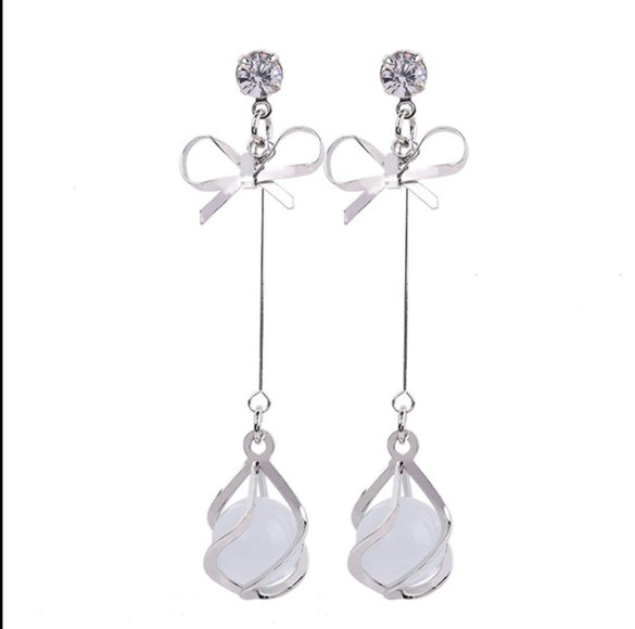 Simple Allmatch Small Fresh Bow Cat's Eye Stone Tassel Earrings For Women Trendy Long Elegant Earrings With Styling Bow Shape Electroplated Alloy And S925 Silver Needle
