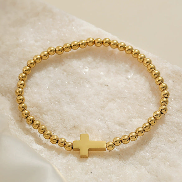 Simple Allmatch Stainless Steel Electroplated Women's Cross Beaded Bracelet