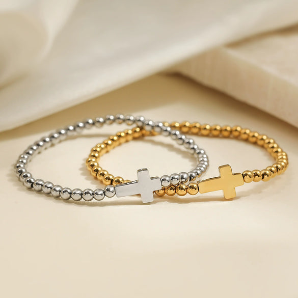 Simple Allmatch Stainless Steel Electroplated Women's Cross Beaded Bracelet