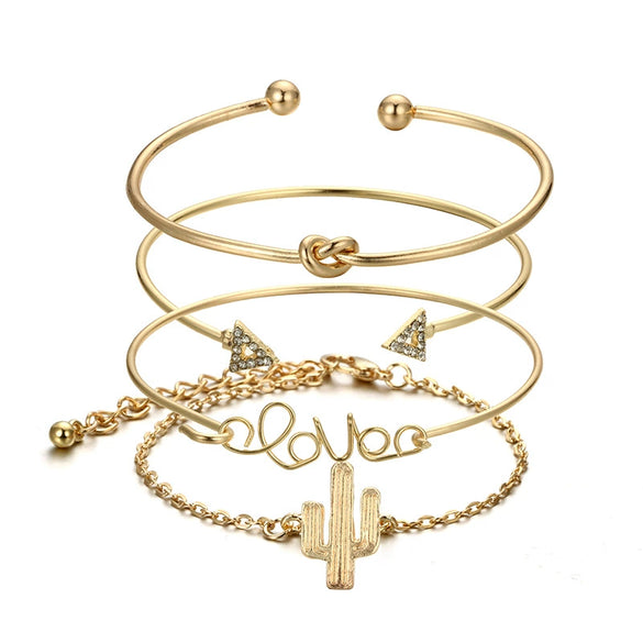 Simple Alloy Electroplated Open Bracelet With Cactus Leaf Pineapple Letter Arrow And Knotted Design