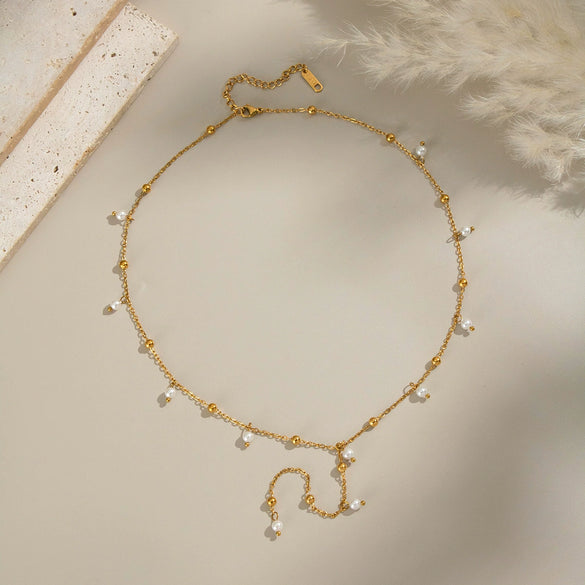 Simple And Elegant Girly Light Luxury Niche Non Fading Millet Bead Pearl Necklace In Stainless Steel With Geometric Shape And Electroplating