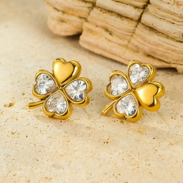 Simple And Highend Stainless Steel 18K Electroplated Women's Earrings With Fourleaf Clover Design And Zircon