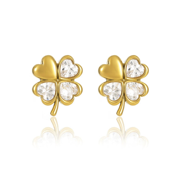Simple And Highend Stainless Steel 18K Electroplated Women's Earrings With Fourleaf Clover Design And Zircon