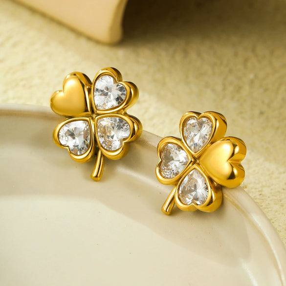 Simple And Highend Stainless Steel 18K Electroplated Women's Earrings With Fourleaf Clover Design And Zircon