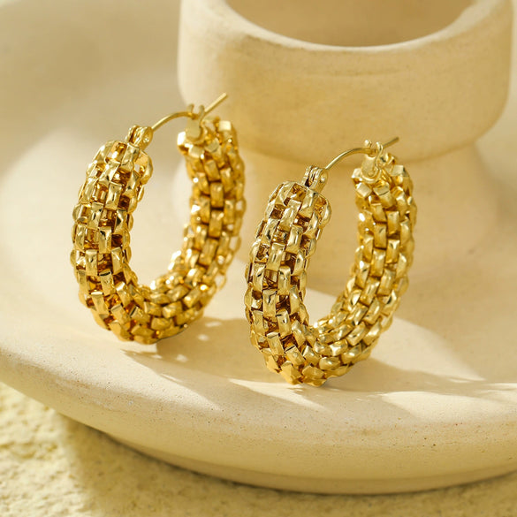 Simple Atmospheric Cshaped Hollow Vintage Style Stainless Steel Electroplated Women's Ring Earrings
