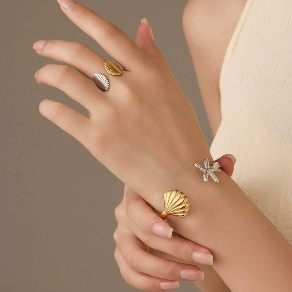 Simple Atmospheric Ocean Wind Jewelry Stainless Steel Starfish Scallop Bracelet Open Ring With Electroplating
