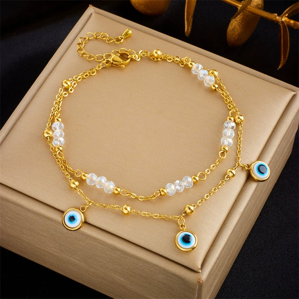 Simple Beach Style Turkey Blue Eyes Pendant Beaded Chain Titanium Steel Multi Layer Stacked Electroplated Geometric Anklet For Women