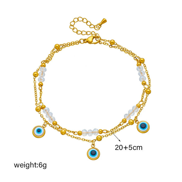 Simple Beach Style Turkey Blue Eyes Pendant Beaded Chain Titanium Steel Multi Layer Stacked Electroplated Geometric Anklet For Women