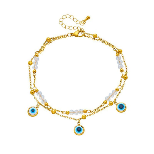 Simple Beach Style Turkey Blue Eyes Pendant Beaded Chain Titanium Steel Multi Layer Stacked Electroplated Geometric Anklet For Women