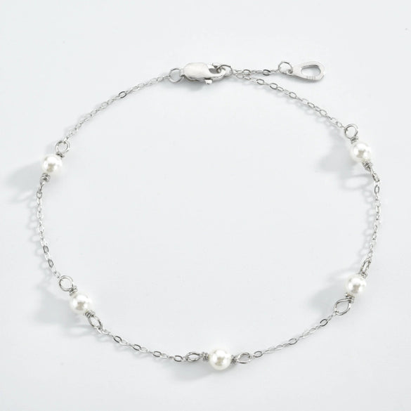 Simple Bead Chain S925 Sterling Silver Austrian Crystal Pearl Women's Bracelet With Geometric Design And Platinum Or 18K Gold Electroplating